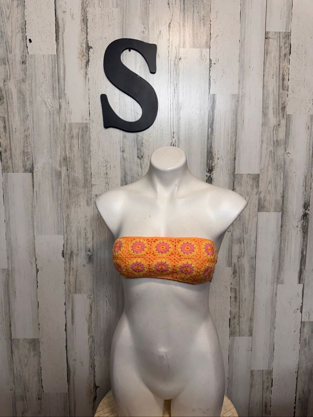 Ninety-Nine Crochet Floral Bandeau Bikini Top Womens Small Orange Pink Yellow